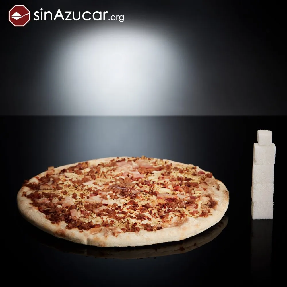 Una pizza barbacoa individual tiene 17g de azúcar, equivalente a 4,2 terrones. Pizza analizada: Marca Palacios. Barbacoa para el microondas (Individual, 225g)