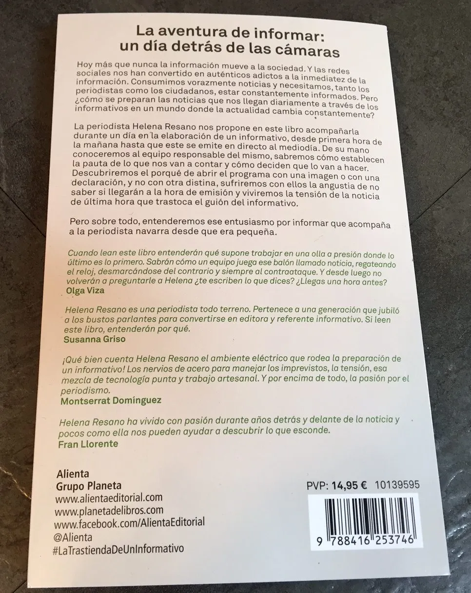 Contraportada de La trastienda de un informativo (Helena Resano, Alienta Editorial)